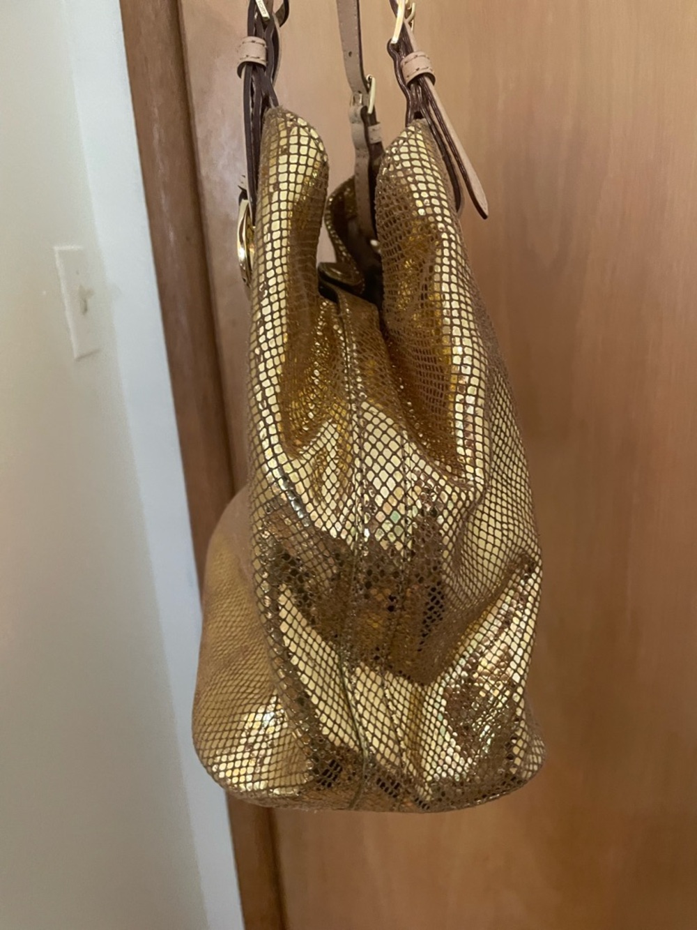 RARE Michael Kors Gold Sparkle ✨ Snake Leather Hobo Satchel Tote Shoulder Bag - Picture 11 of 14